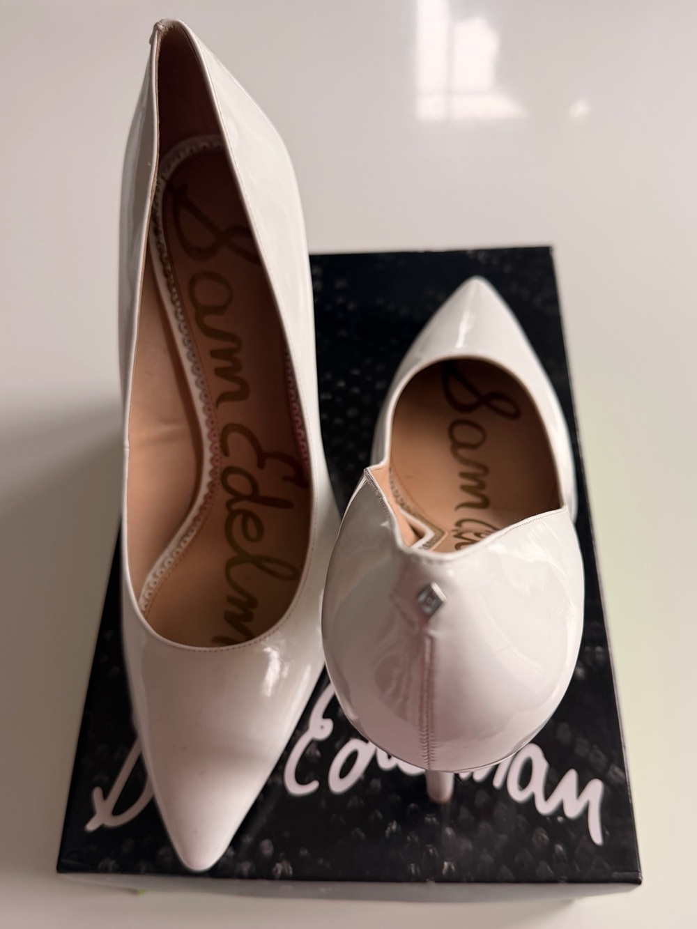 Sam Edelman Hazel White Patent Pointed Toe Pumps